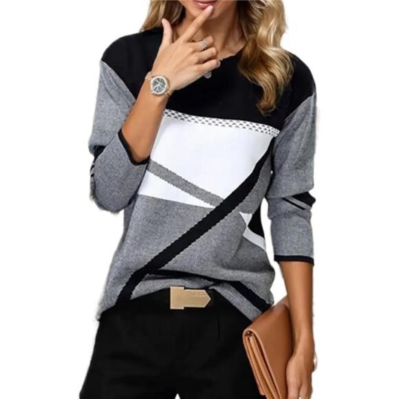 Color Block Print Pullover – Trendy Geometric Crewneck Top for Plus Size - Picture 1 of 3